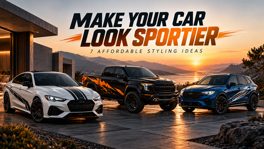 Three customized cars with sporty vinyl decals and racing stripes at sunset – 7 affordable car styling ideas by Brothers Graphics