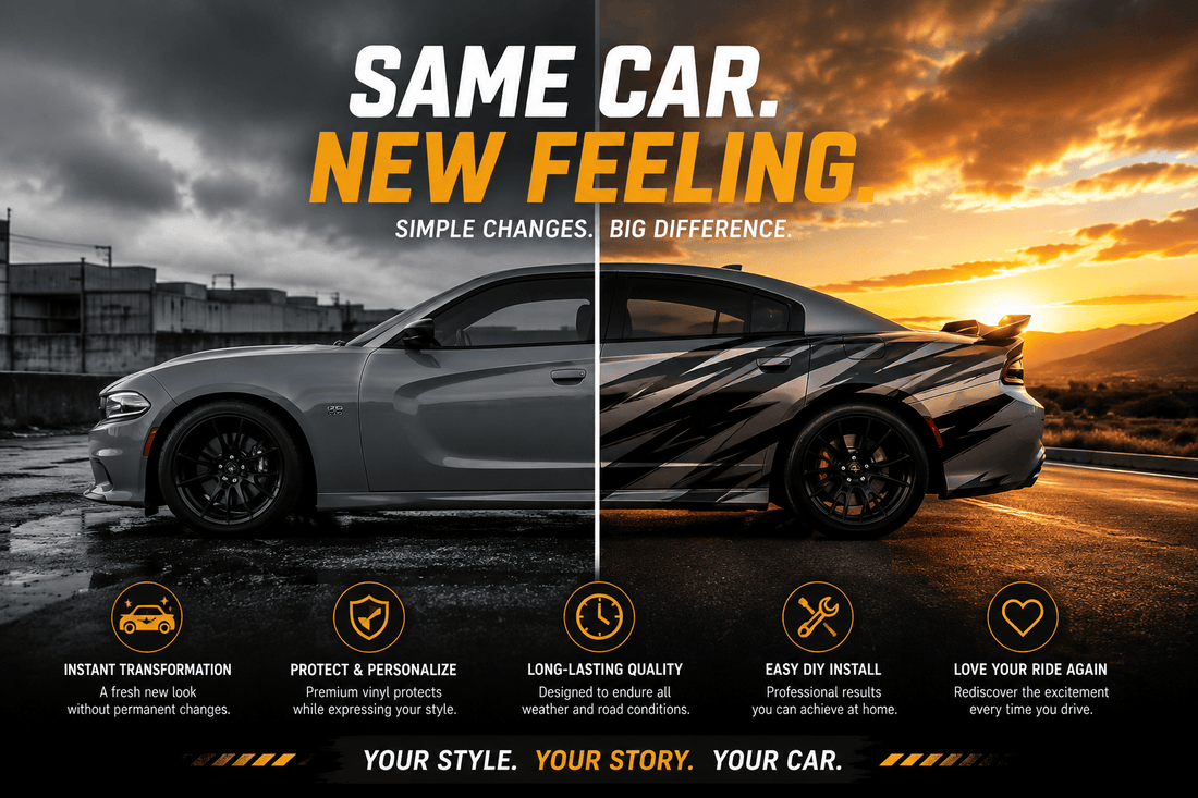 Car before and after vinyl decal customization showing how automotive graphics can transform vehicle style and appearance.