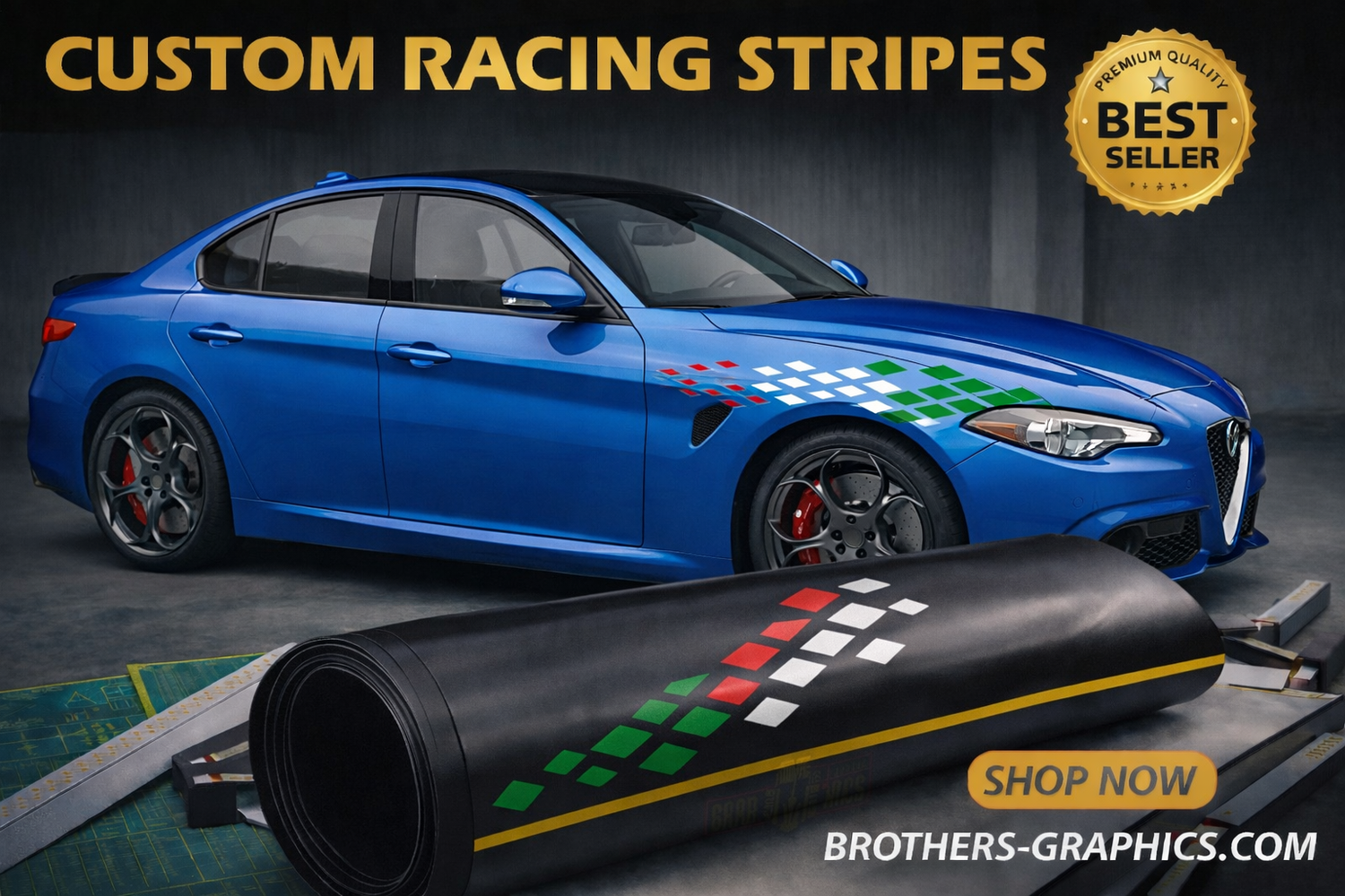 Racing stripe vinyl decals on Alfa Romeo Giulia, custom hood and side graphics, premium automotive styling stickers