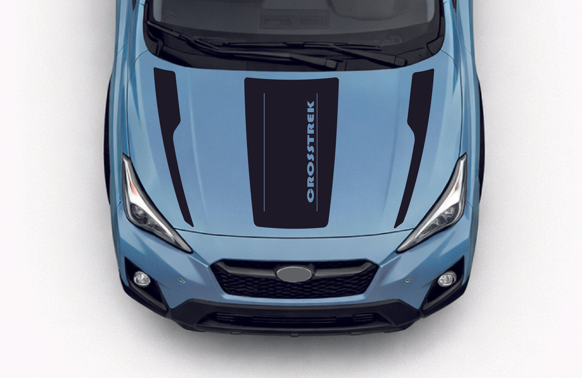 Blue car with 'Orosteck' hood decal on a white background