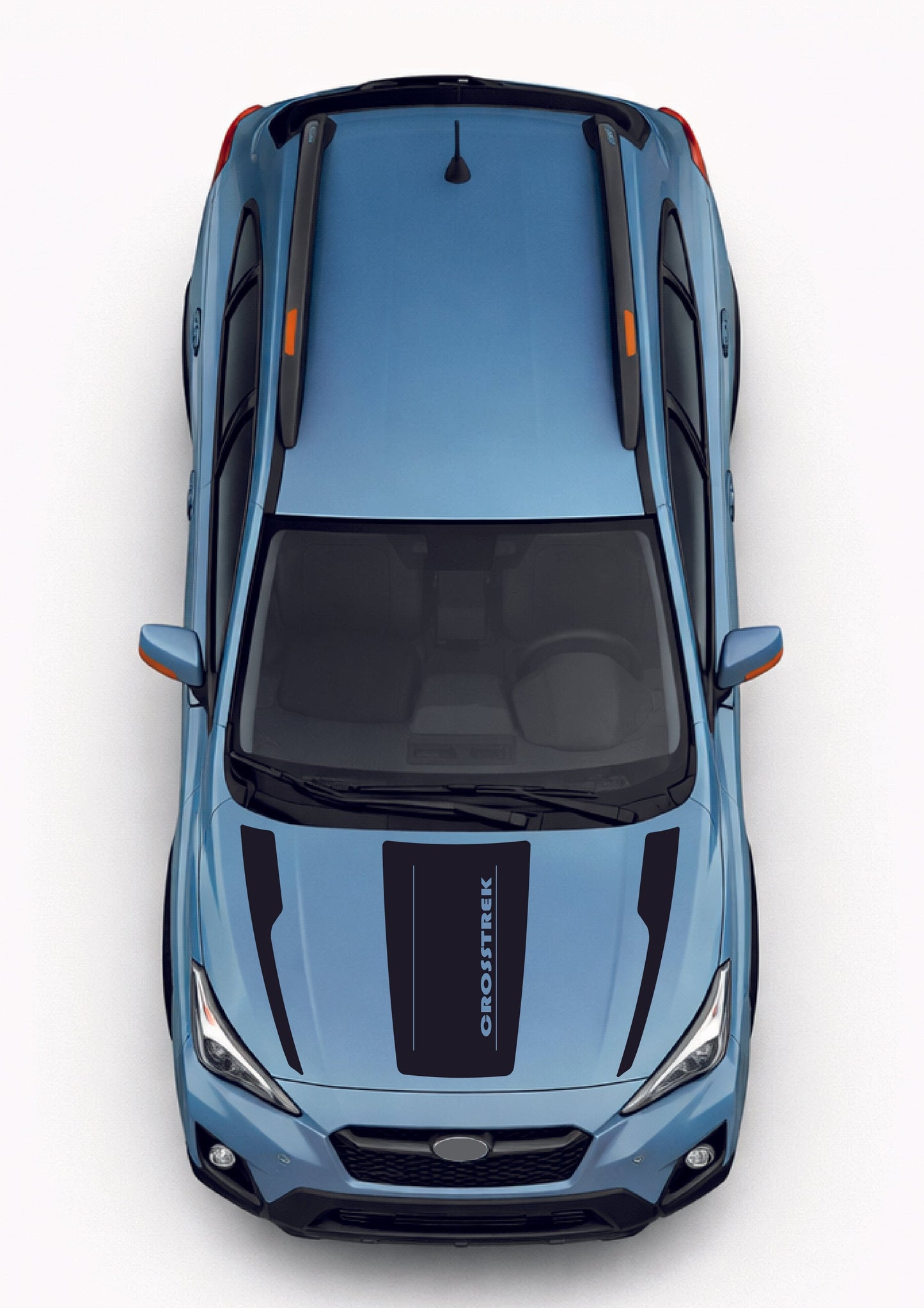 Top-down view of a blue car on a white background