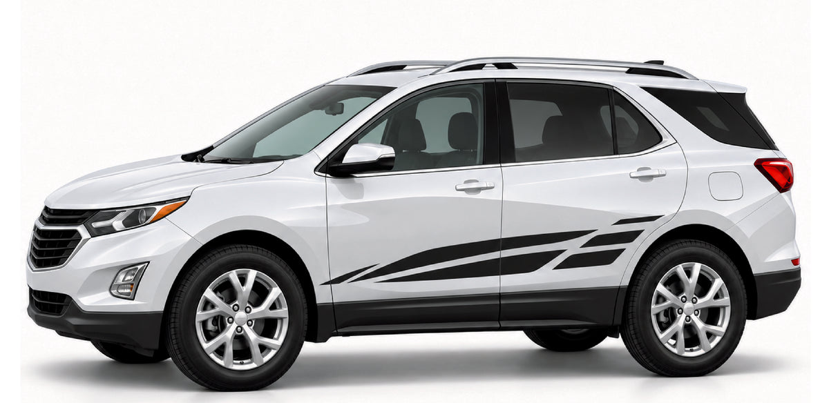 A white Chevrolet SUV with black graphic decals running along the lower side, shown from a side profile view against a light gray background.