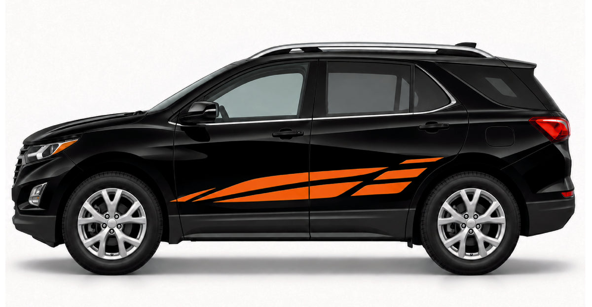 A black SUV shown in side profile on a light gray studio background, with bold orange graphic decals running along the lower side panel.