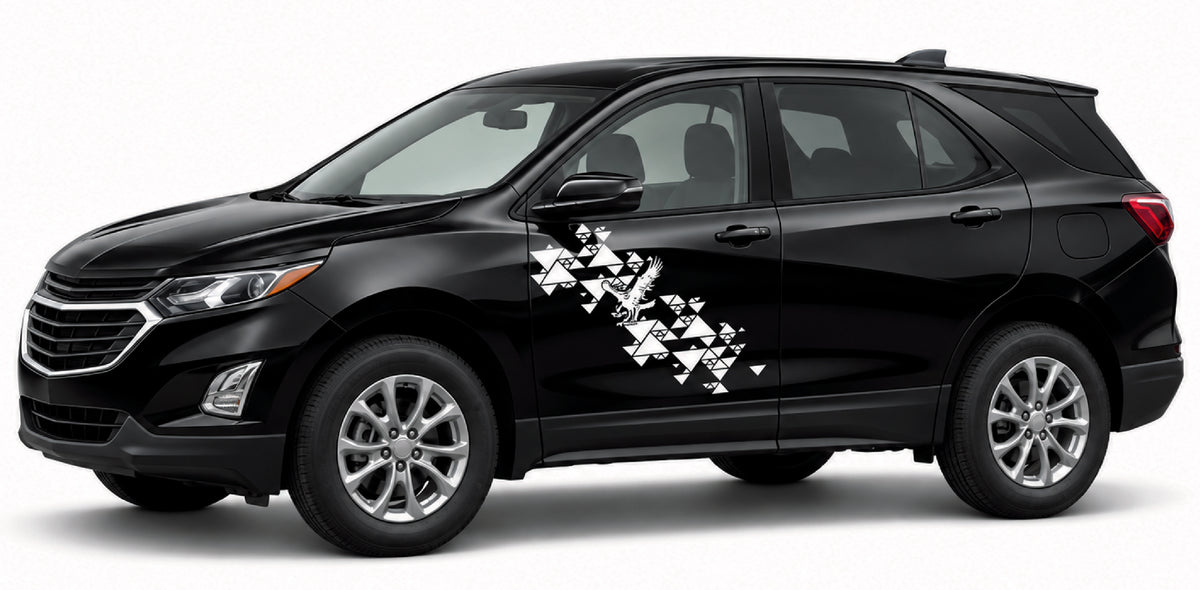 A black Chevrolet SUV shown in a side profile view against a plain white background, featuring a white geometric pattern decal on the side door.