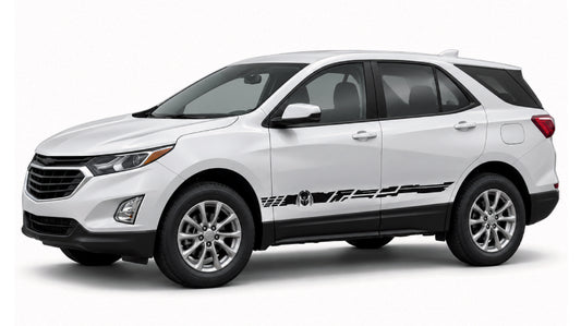 A white Chevrolet SUV with black side graphics and black trim, shown from a three-quarter front angle on a light gray background.