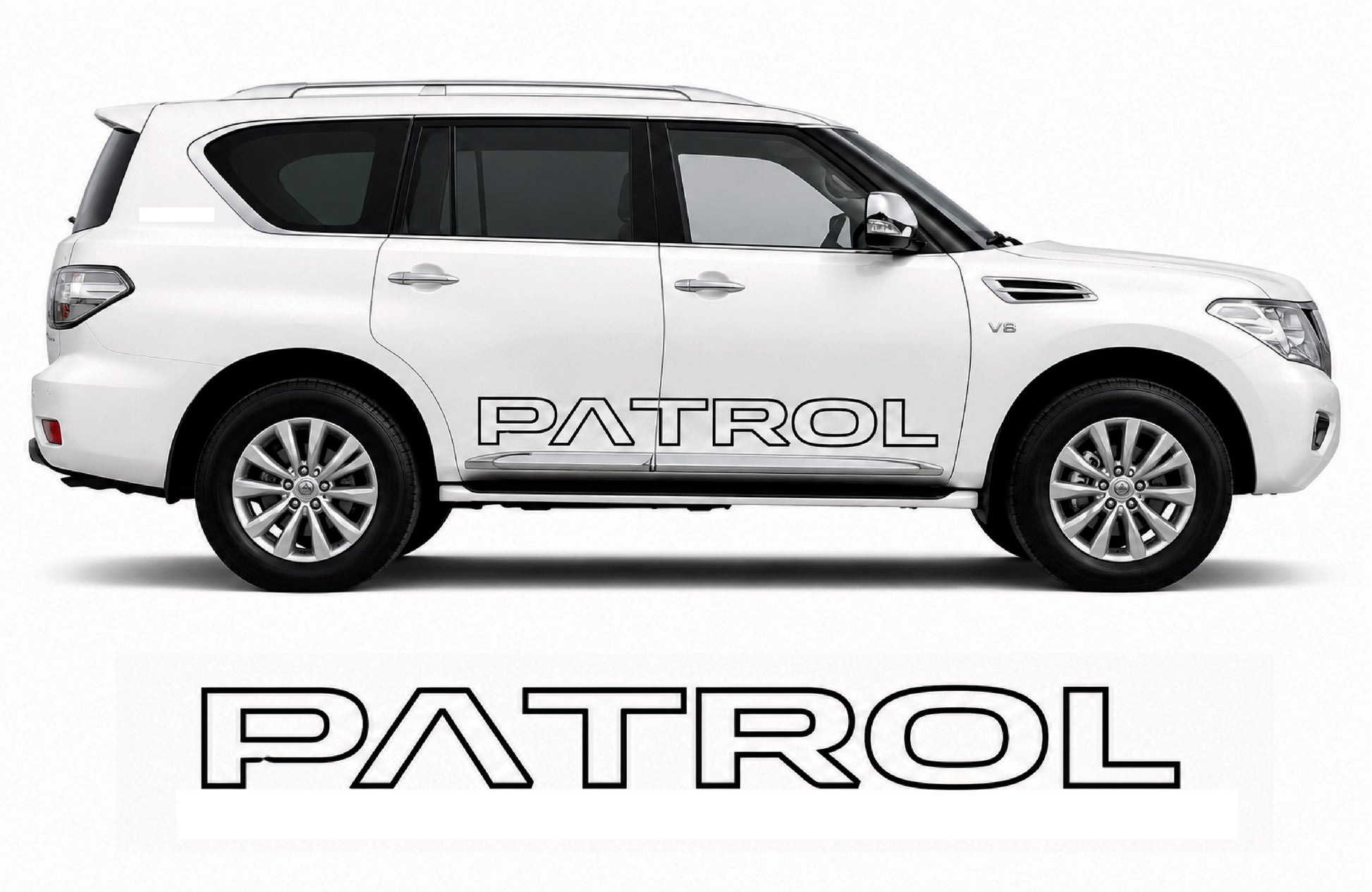 A white SUV shown in side profile on a light gray background, with the word PATROL printed in large black letters along the side and again below the vehicle.