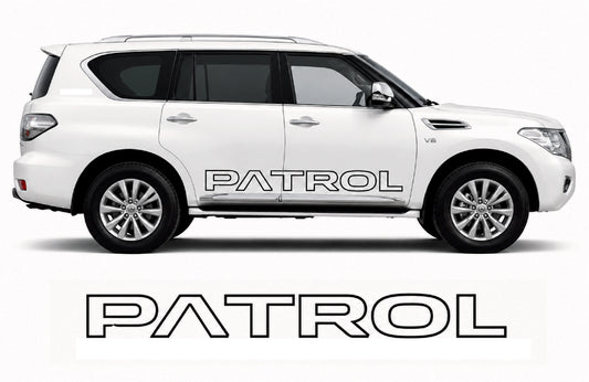 A white SUV shown in side profile on a light gray background, with the word PATROL printed in large black letters along the side and again below the vehicle.