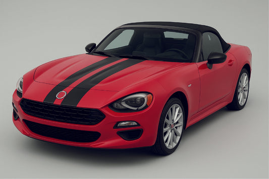 Red convertible car with black stripes on a light gray background