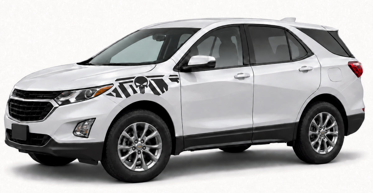 A white Chevrolet SUV with black and white graphic decals on the front fender, shown from a three-quarter angle against a light gray background.