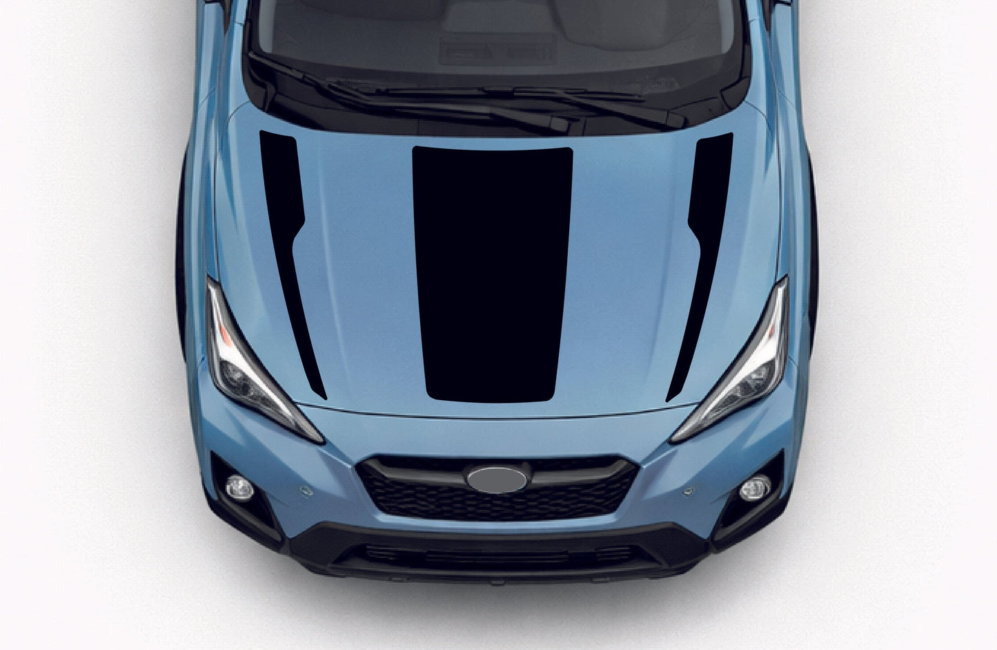 Top-down view of a blue car with black stripes on a white background