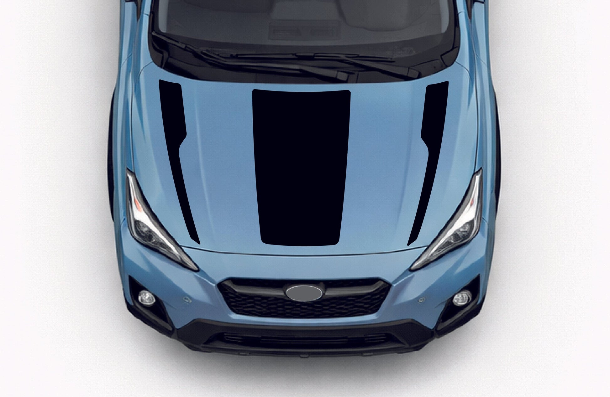 Top-down view of a blue car with black stripes on a white background
