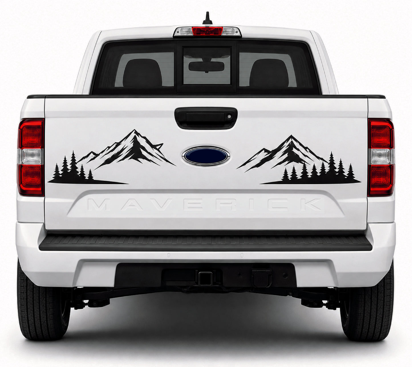 Rear view of a white Ford Maverick pickup truck with black mountain and pine tree vinyl decals on the tailgate, centered on a light gray background.