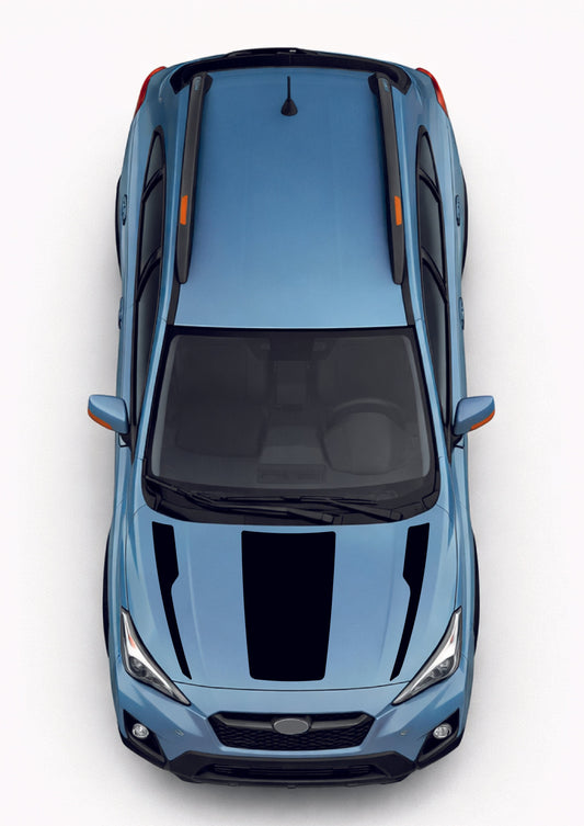 Top-down view of a blue car on a white background
