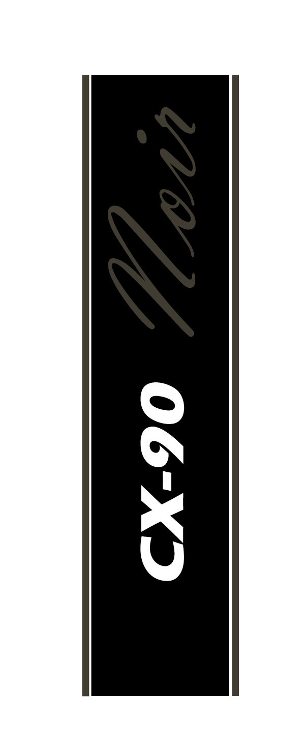 A black rectangular label or sign with white vertical text reading 'CX-90' and a gray script word 'Noir' on a white background.