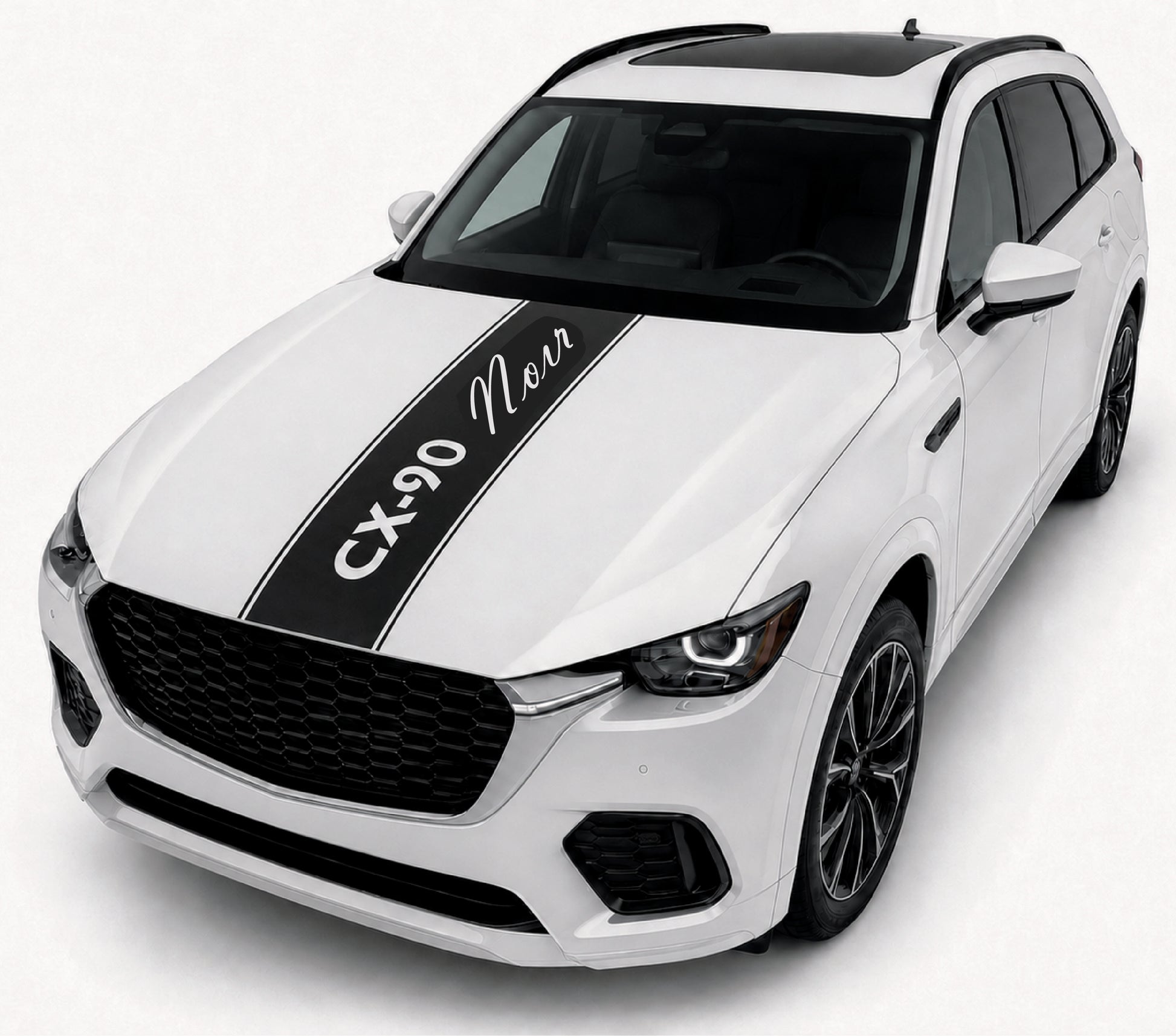 A white SUV shown at a three-quarter front angle on a light gray studio background. The vehicle has a black roof, black grille, black side mirrors, and a prominent black racing stripe on the hood with the text 'Cx-90 Noir' in white.