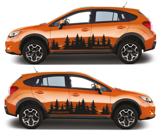 Two views of an orange car with black forest decal on a white background