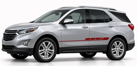 A silver Ford SUV with a distinctive red stripe decal along the side, shown from a three-quarter front angle against a white studio background.