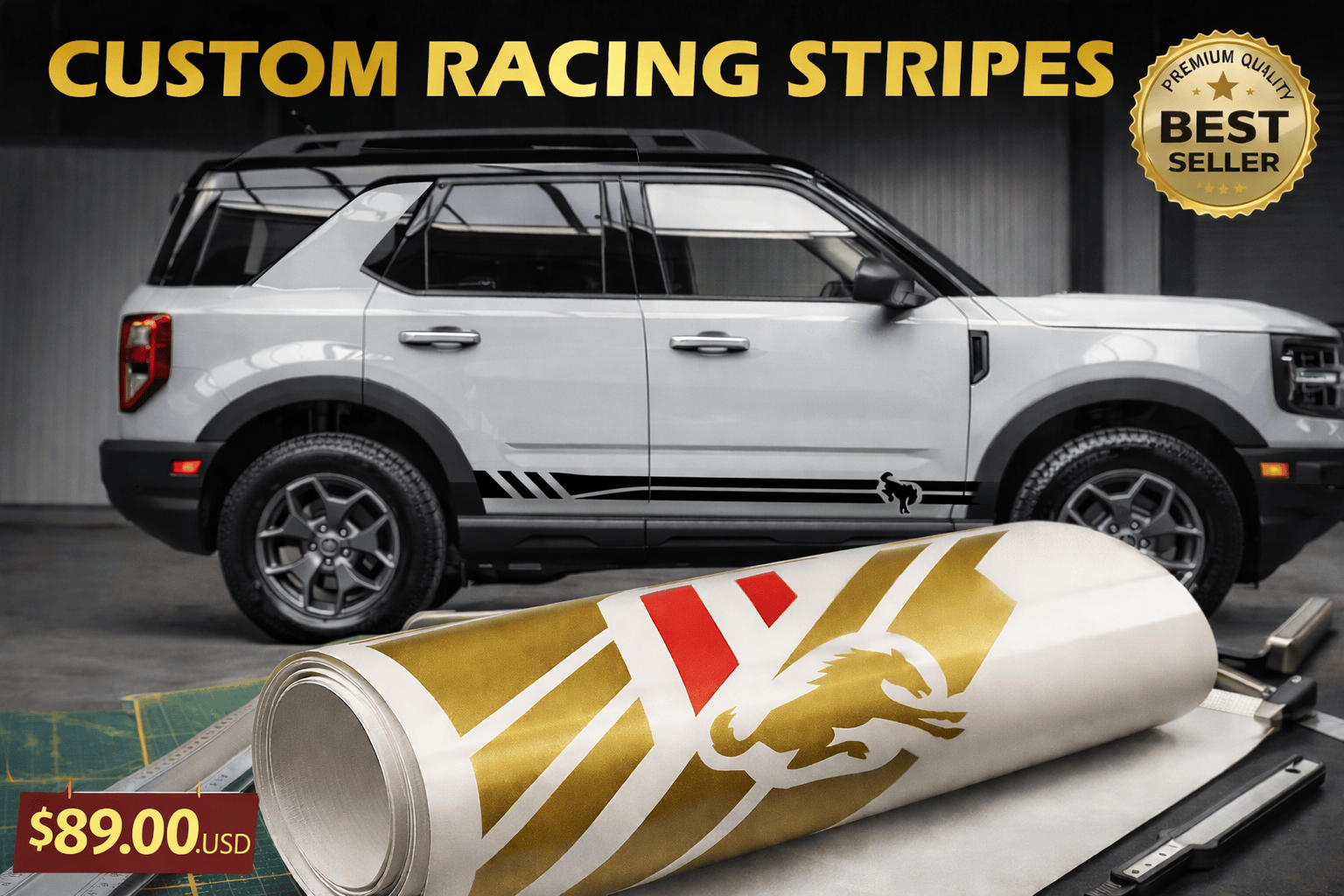 Car with custom racing stripes and a roll of vinyl wrap on a gray background