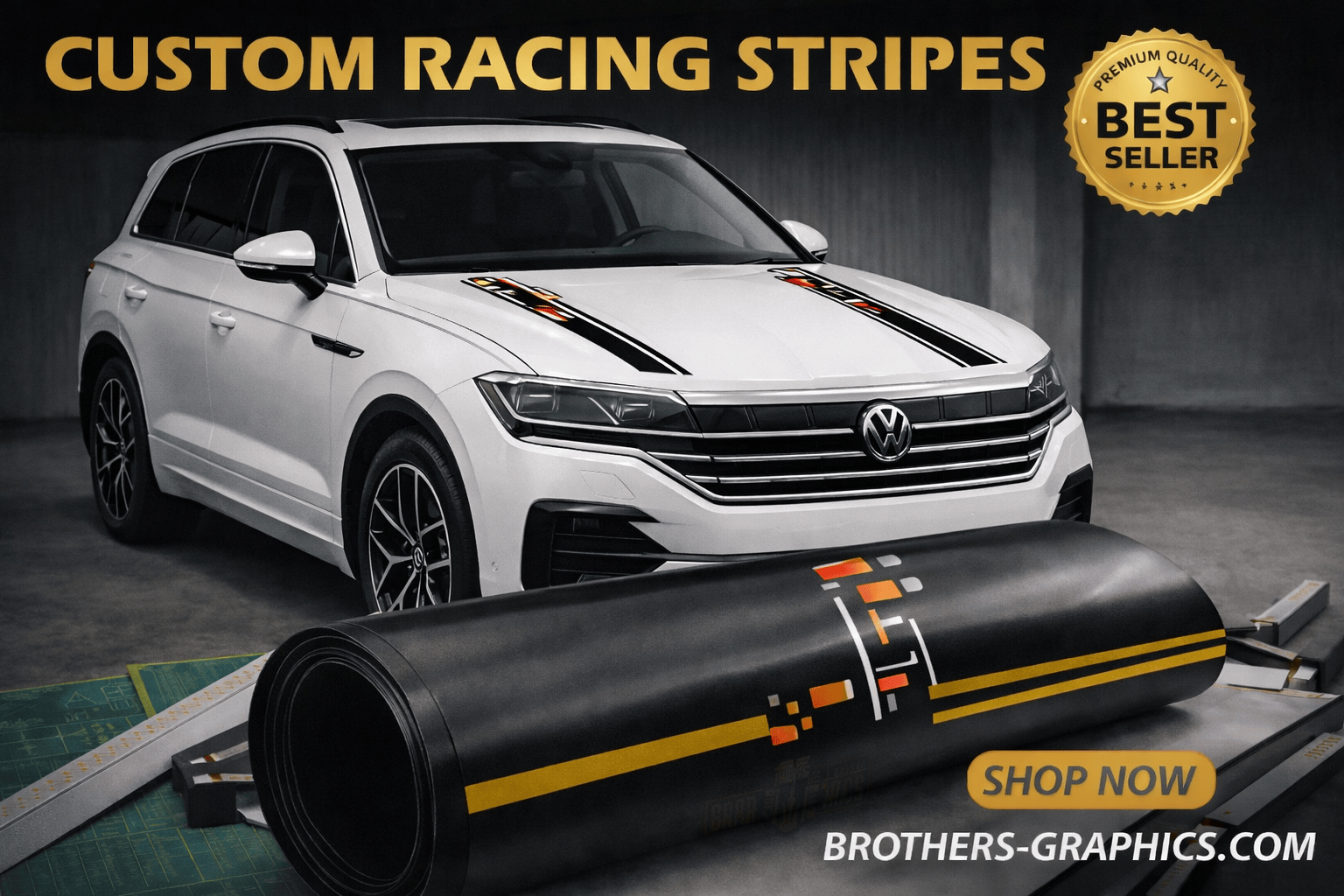 White SUV with custom racing stripes and a roll of vinyl wrap on a dark background.