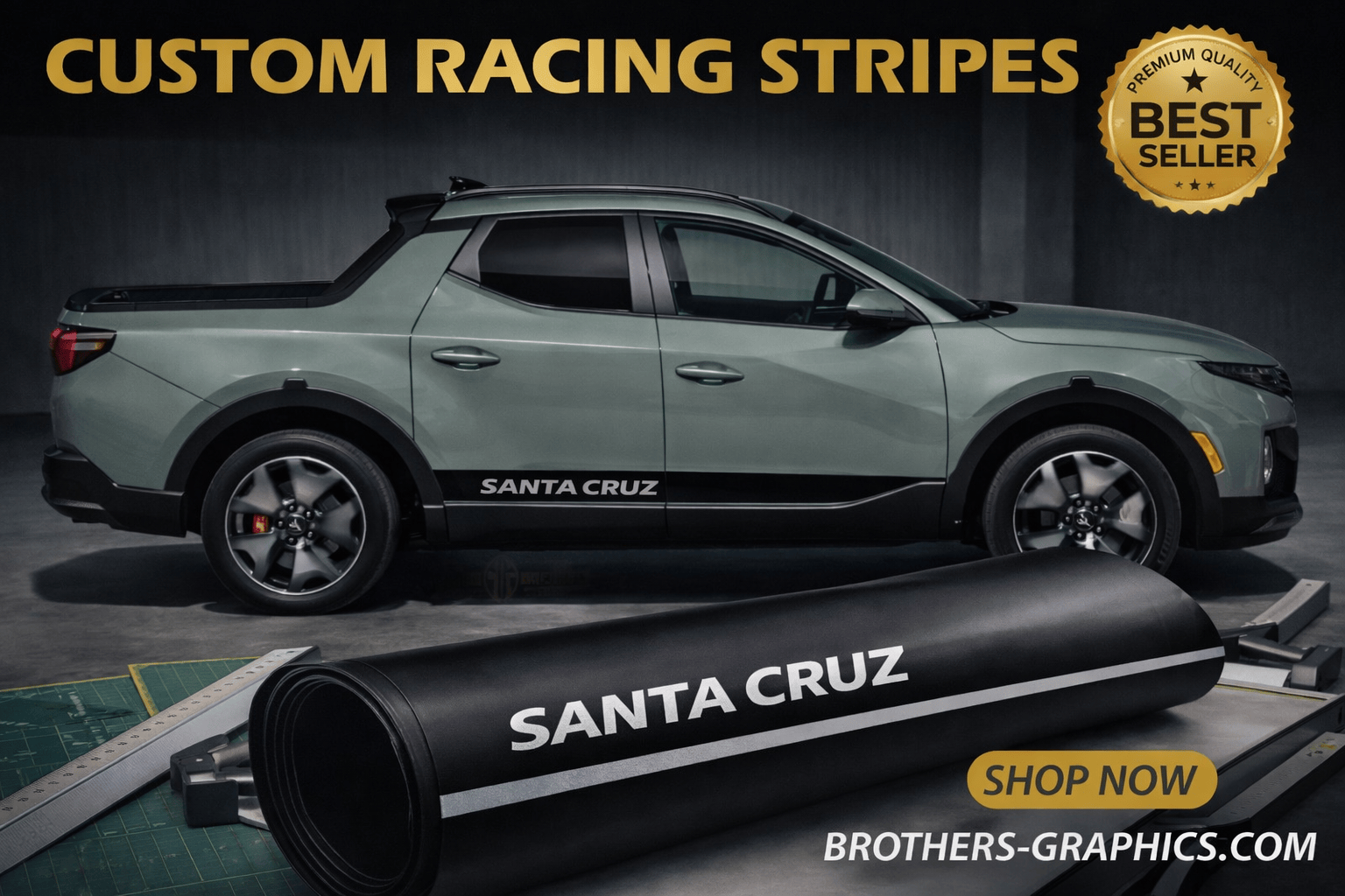 Car with custom racing stripes and a roll of vinyl wrap on a dark background