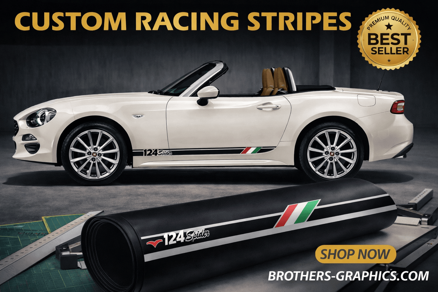 Premium Stickers Compatible with Fiat Spider 124 Italian Flag Design BFF