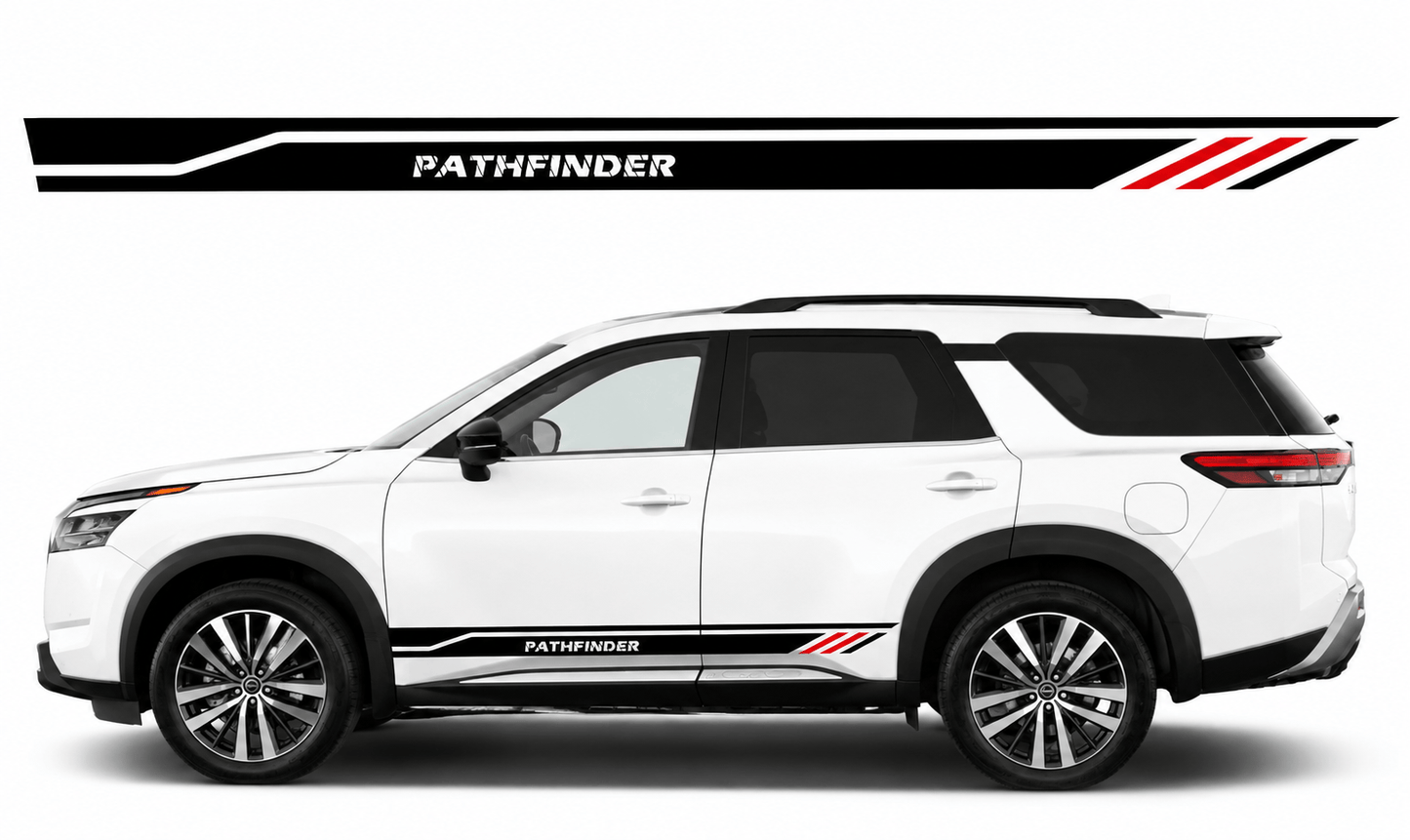 A white SUV shown in side profile on a light gray studio background, with a black and red side decal strip labeled PATHFINDER above it. The decal design includes a black base with white lettering and red diagonal stripes.