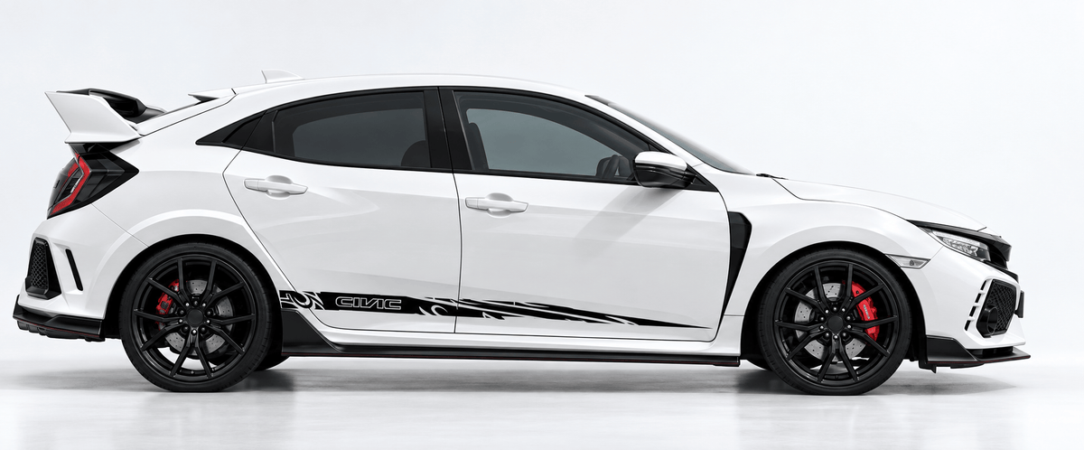 A white Honda Civic Type R hatchback with black accents, black wheels, and red brake calipers, shown in a side profile on a light gray studio background.