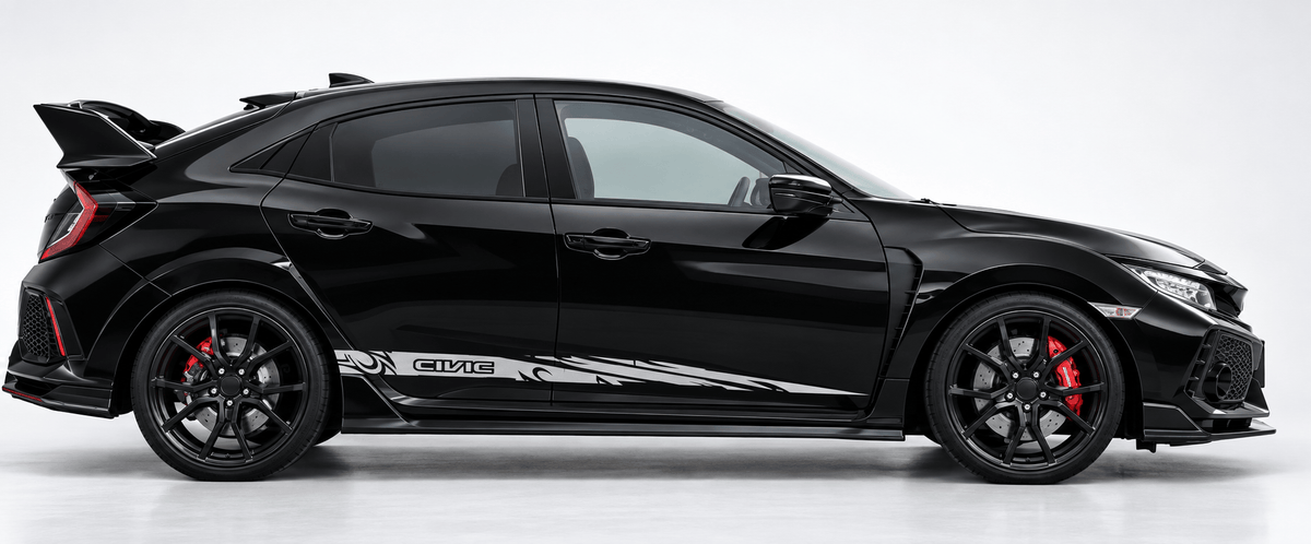 A black Honda Civic Type R with a rear spoiler, black wheels, and red brake calipers, shown in a side profile on a light gray studio background.