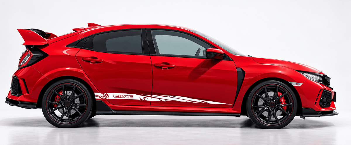 A red Honda Civic Type R hatchback car shown in a clean side profile against a light gray studio background. The car features black wheels, a black front grille, a rear spoiler, and white and black graphics along the lower side.