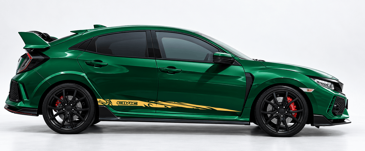 A green Honda Civic Type R hatchback with gold and black side decals, black wheels, and red brake calipers, shown in a side profile on a light gray studio background.