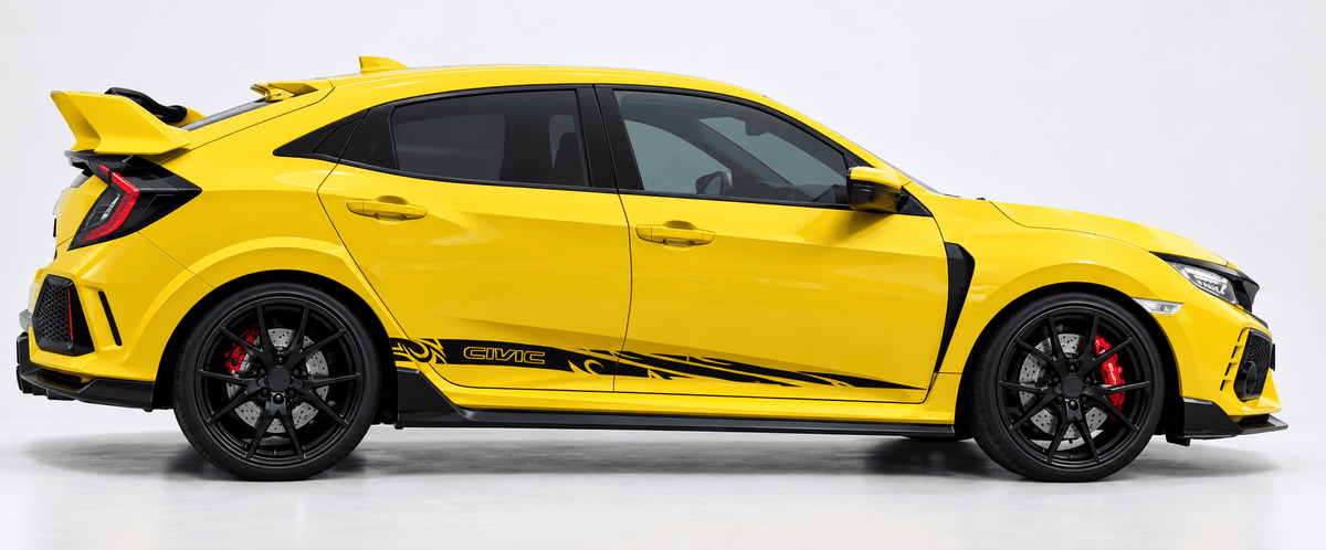 A bright yellow Honda Civic Type R hatchback car shown in a clean side profile against a light gray studio background. The car features black wheels, black side decals, a black rear spoiler, and red brake calipers.