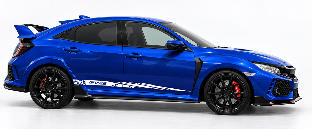 A vibrant blue Honda Civic Type R with black wheels, red brake calipers, and white side decals, shown in a side profile on a white studio background.