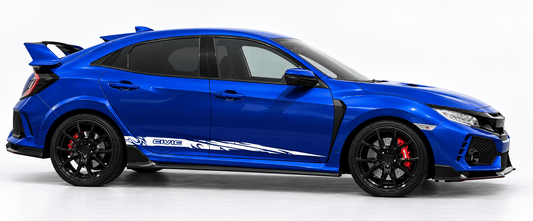A vibrant blue Honda Civic Type R with black wheels, red brake calipers, and white side decals, shown in a side profile on a white studio background.