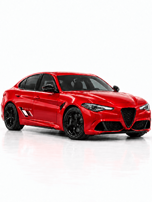 A red Alfa Romeo sedan with black wheels and a black front grille, photographed on a clean white studio background with a faint reflection underneath.