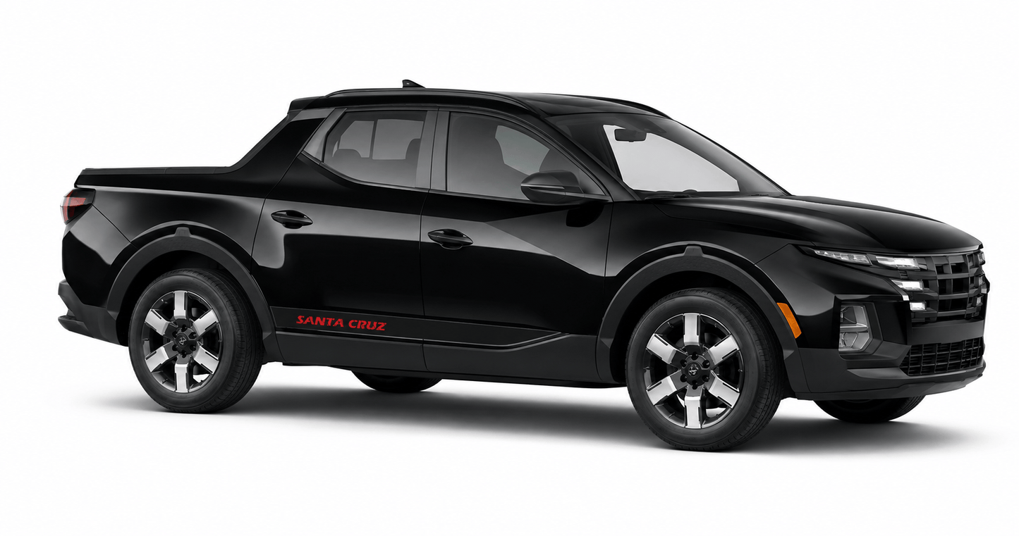 A black Hyundai Santa Cruz pickup truck shown from a side profile view against a clean white background.