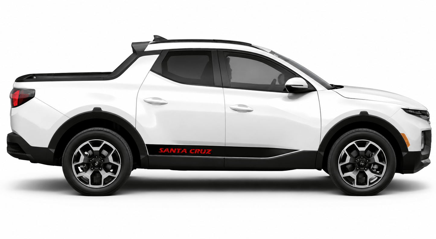 A white Chevrolet Santa Cruz pickup truck shown from a side profile view against a plain white background. The vehicle features black trim, black wheels, and a red 'SANTA CRUZ' logo decal on the side.