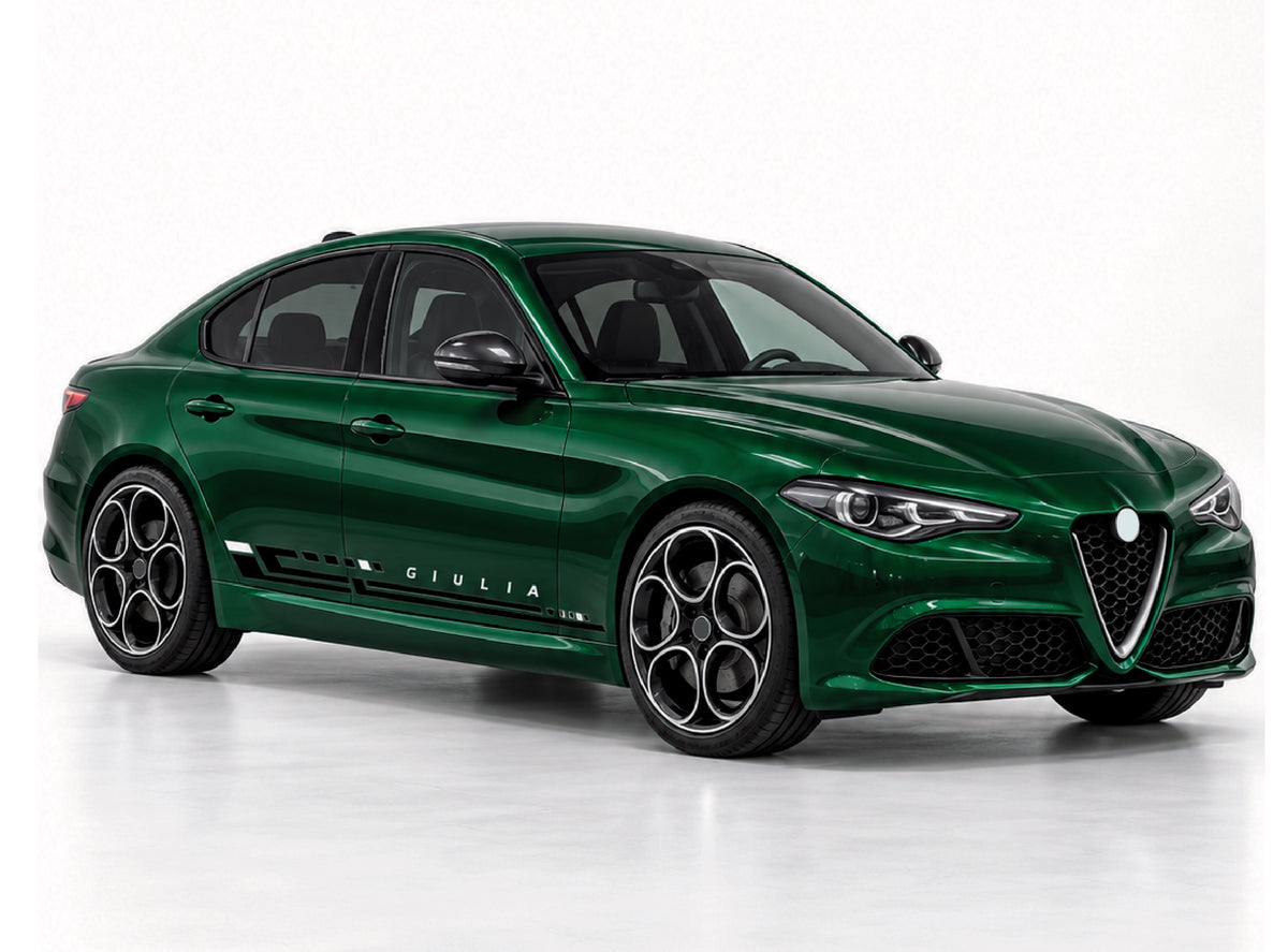 A dark green Alfa Romeo Giulia sedan photographed in a clean studio setting with a white background. The car is shown at a three-quarter front angle, featuring black multi-spoke wheels, dark tinted windows, and the 'GIULIA' model name on the side.
