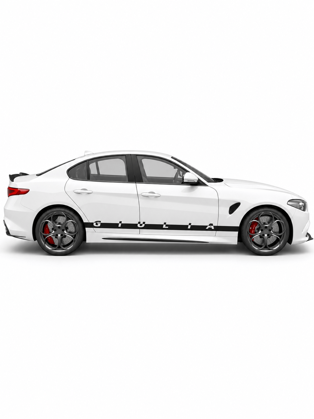 A white BMW M2 sedan shown in a side profile view against a solid white background, featuring a black side stripe decal with 'M2' lettering and 'M' badges on the front and rear doors.