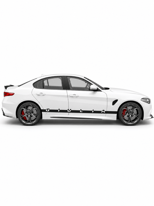A white BMW M2 sedan shown in a side profile view against a solid white background, featuring a black side stripe decal with 'M2' lettering and 'M' badges on the front and rear doors.