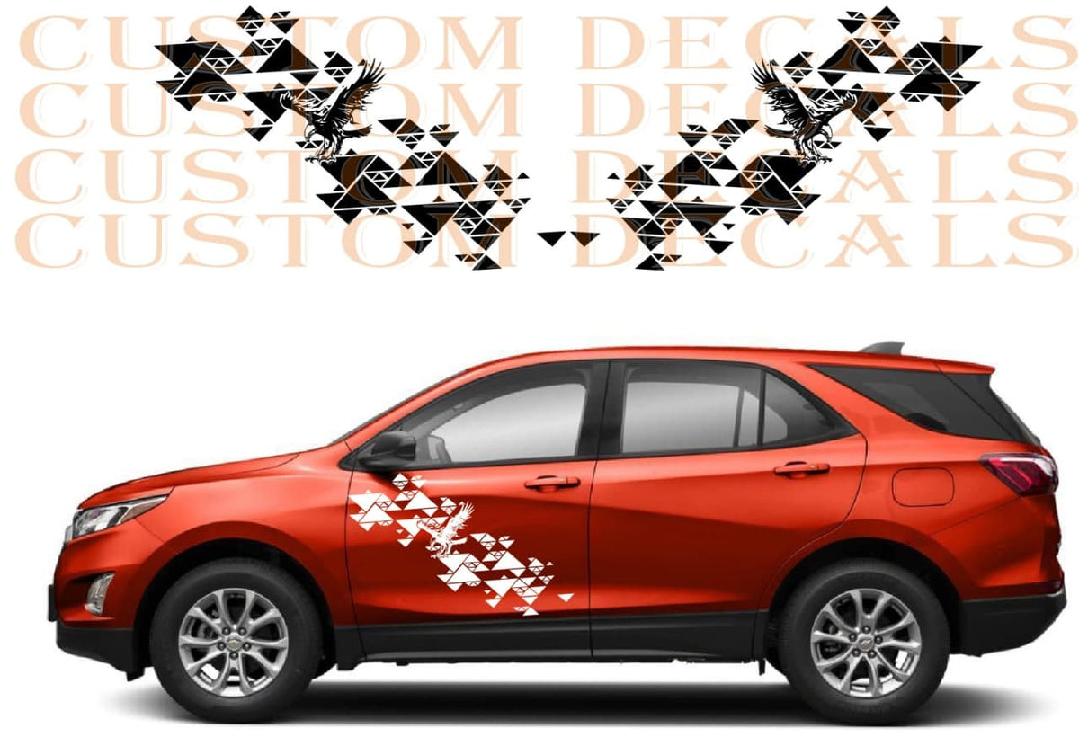 A red SUV shown in side profile with custom bird-shaped decals applied near the front door and rear quarter panel. The image also includes two larger isolated views of the decal design at the top, with repeated pale peach text reading 'CUSTOM DECALS' across the background.