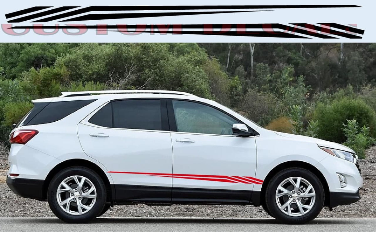 A white SUV shown in side profile outdoors, with a red and black graphic stripe decal applied along the lower side panel. A banner at the top reads 'Custom Decals', indicating the product is the decal rather than the vehicle itself.