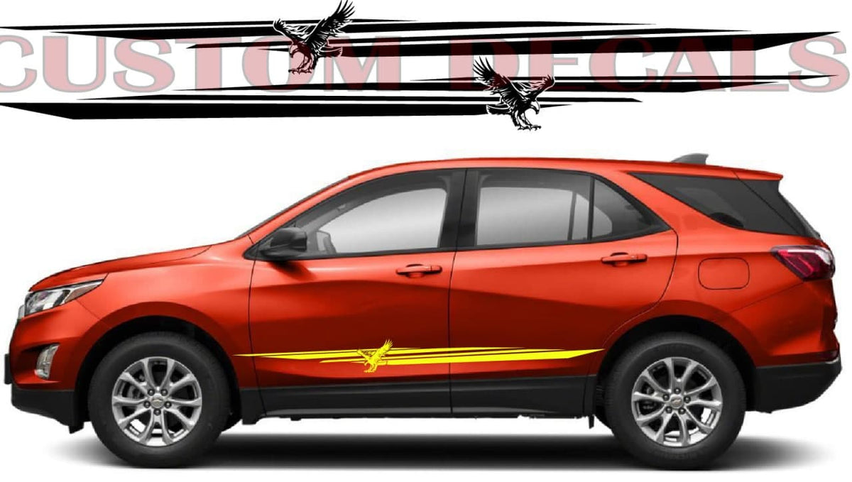 A red SUV shown in side profile on a white background, with a yellow and black graphic decal applied along the lower side panel. A large faded 'CUSTOM DECALS' watermark appears across the top, and the decal design itself is displayed above the vehicle.