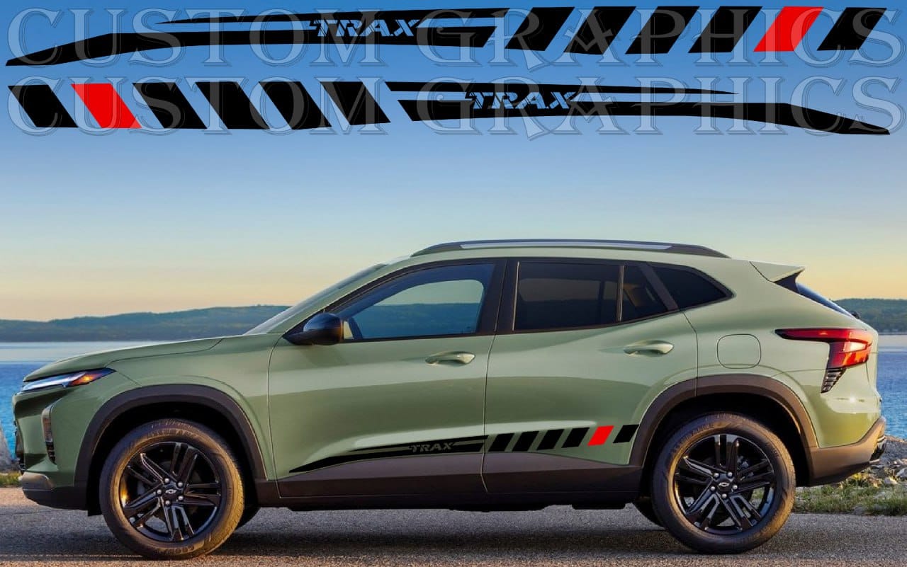 Green SUV with custom graphics on a scenic background