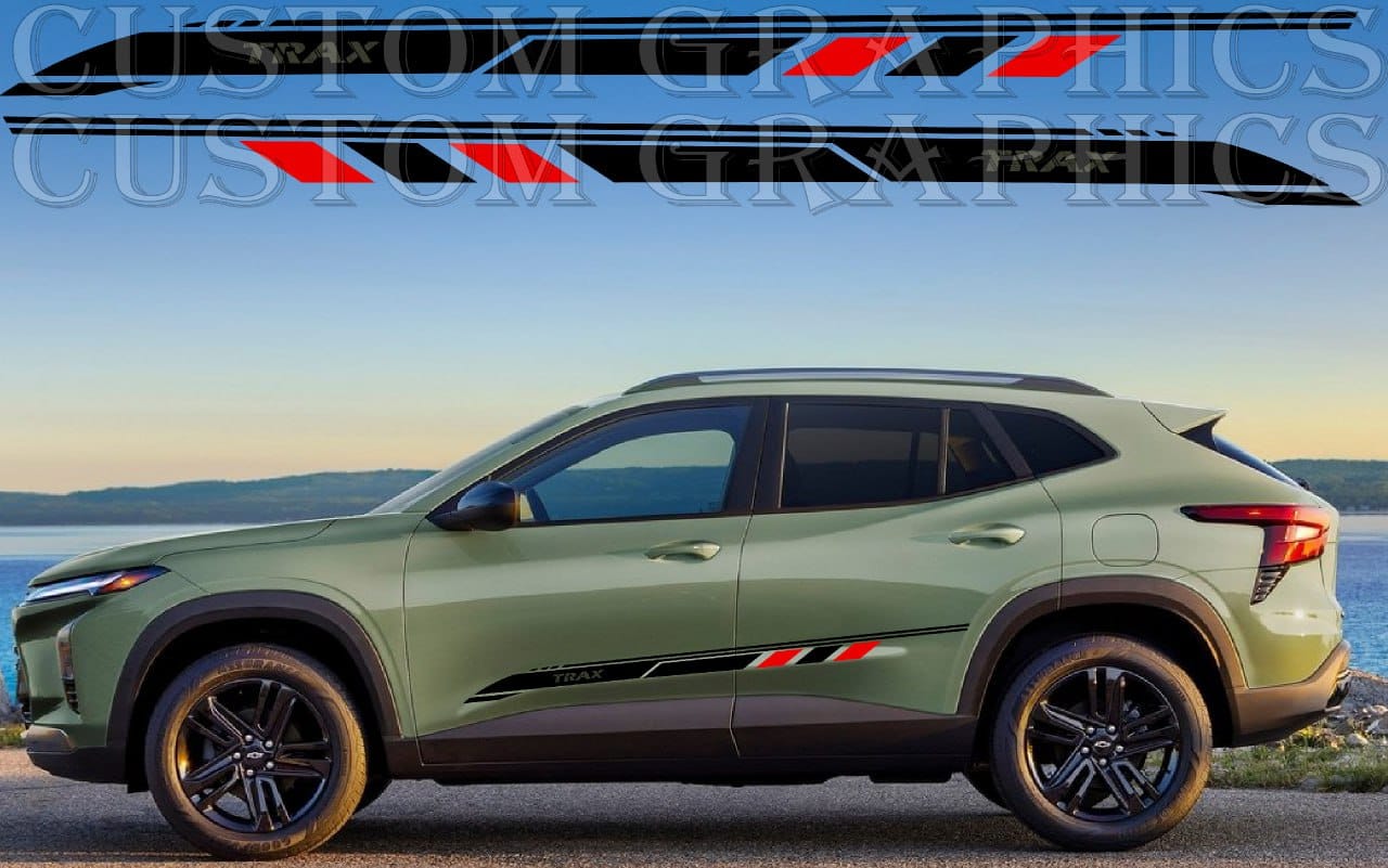 Green SUV with custom graphics on a scenic background