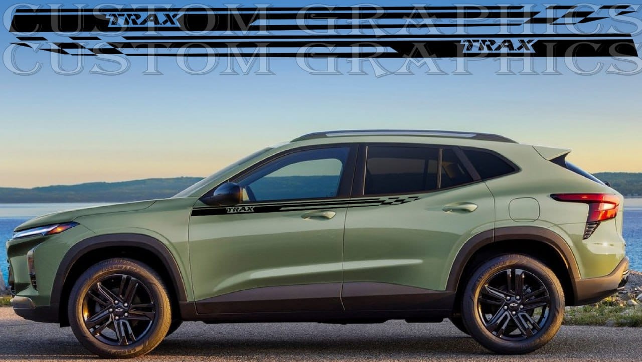 A green Chevrolet Trax SUV with custom vinyl decal stickers on the sides, parked with a scenic background.