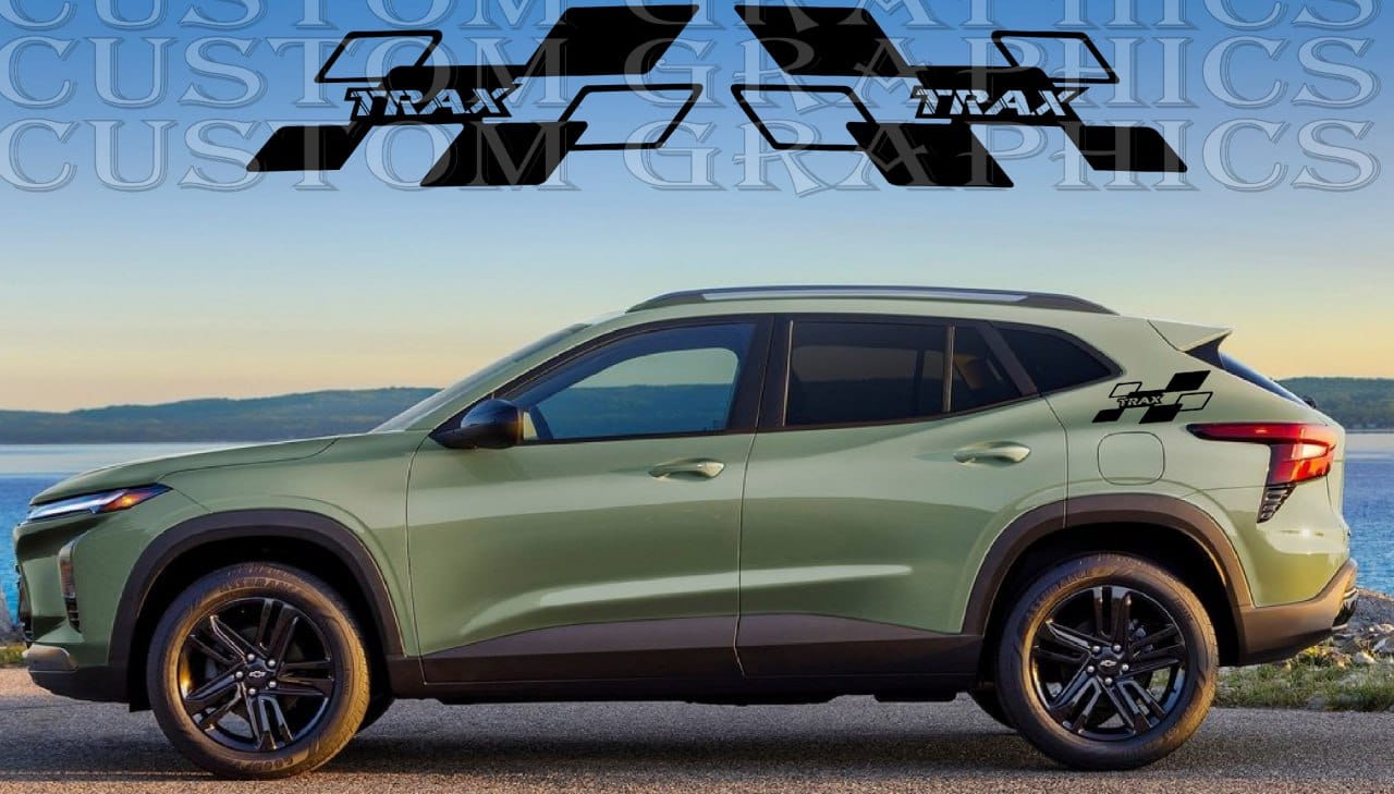 A green Chevrolet Trax SUV with a set of black vinyl decal stickers on the rear side, displayed against a background with a watermark that reads 'Focus Tractics'.