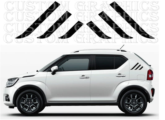 A set of black vinyl decals designed for a Suzuki Ignis car, including side stripes and hood graphics.