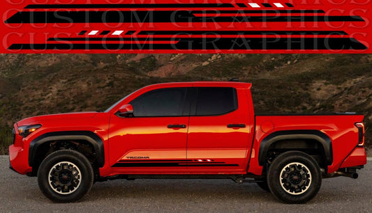 A red Toyota Tacoma truck with a custom decal design on the side, featuring a black and red color scheme with stripes.