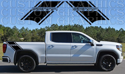 A white GMC Sierra truck with a set of premium vinyl stickers designed for compatibility with the vehicle. The stickers are displayed on the truck's rear line, showcasing the brand and design customized for the vehicle.
