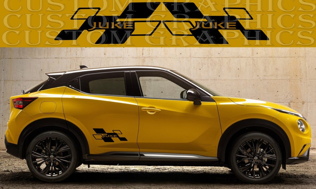 A yellow Nissan Juke car with a set of premium vinyl stickers featuring a geometric design, displayed on a textured background.